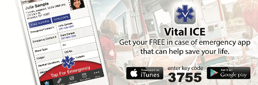 Advertisement for the Vital ICE app with a medical symbol and text. Promotes a free emergency app to save lives. Includes app store icons and a key code.