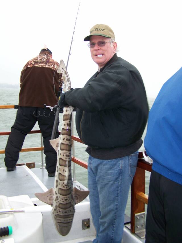A man on a boat holding a large fish with the word shark on it