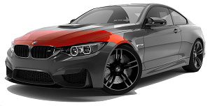 A bmw m4 coupe with a red hood is shown on a white background.