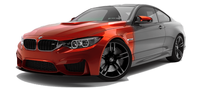 A red and gray bmw m4 is shown on a white background.