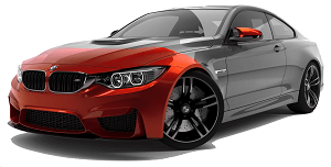 A red and gray bmw m4 is shown on a white background.