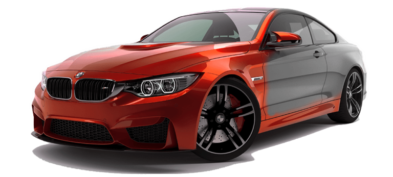 A red and gray bmw m4 coupe on a white background.