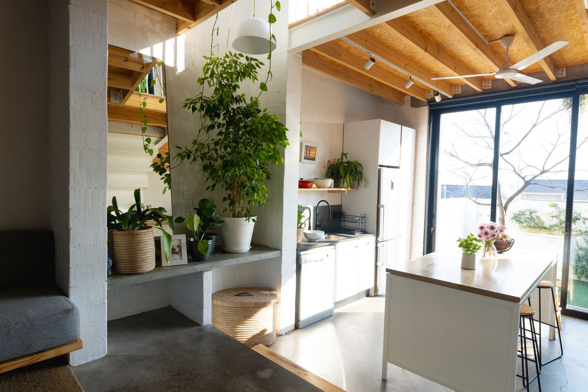 A living room and kitchen in a house with lots of windows and plants.