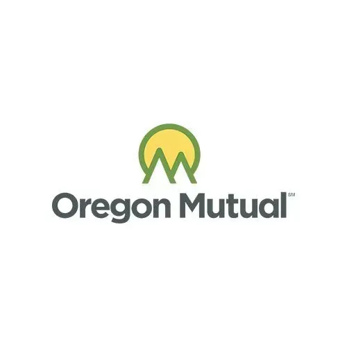 The oregon mutual logo is a green and yellow logo with a mountain in the middle.