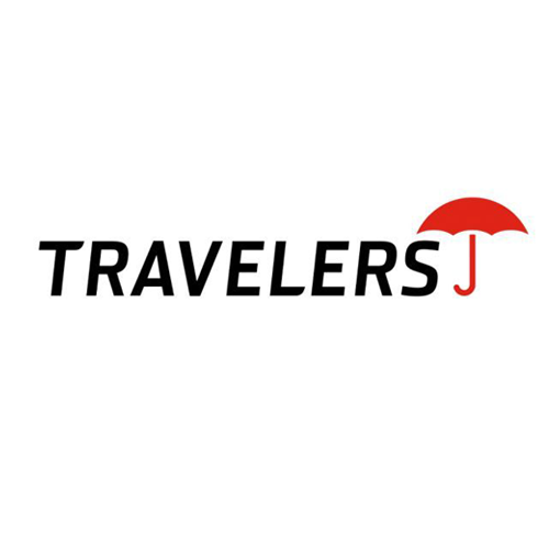 The logo for travelers j is a red umbrella on a white background.