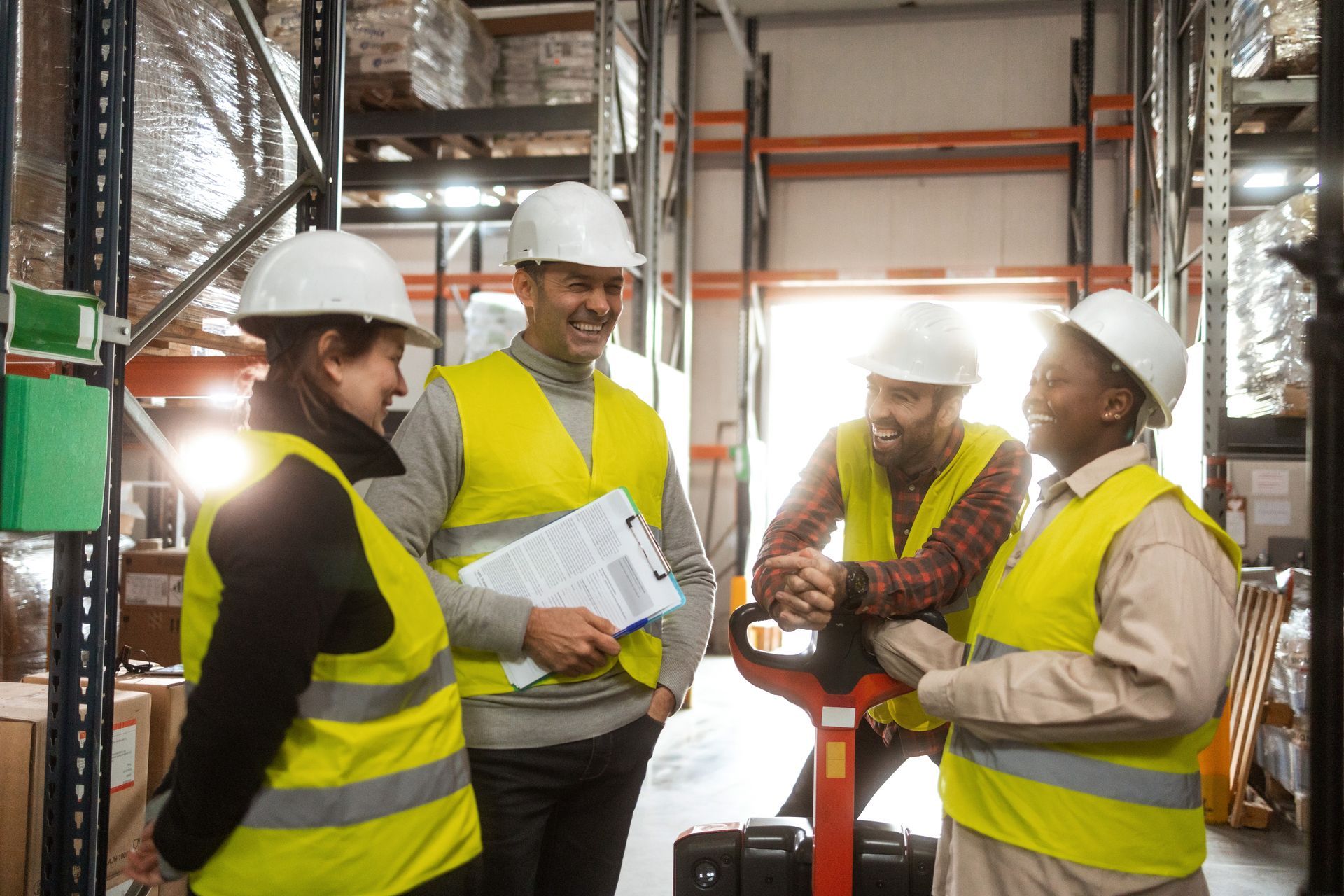A group of construction workers are standing in a warehouse talking to each other.