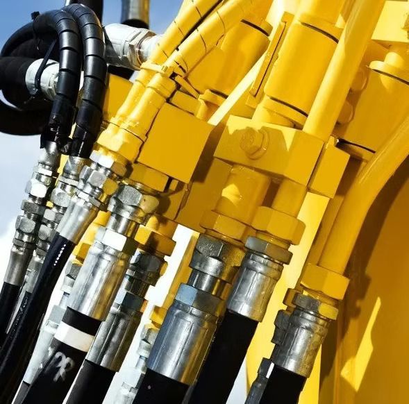 A Bunch of Hydraulic Hoses Attached to a Yellow Machine — Hydrofit Service in Wollongong, NSW