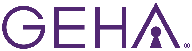 The logo for geha is purple and white and has a triangle in the middle.