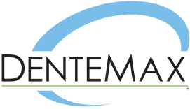 A dentemax logo with a blue circle in the middle