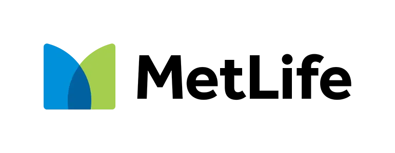 A metlife logo with a blue and green m on a white background.