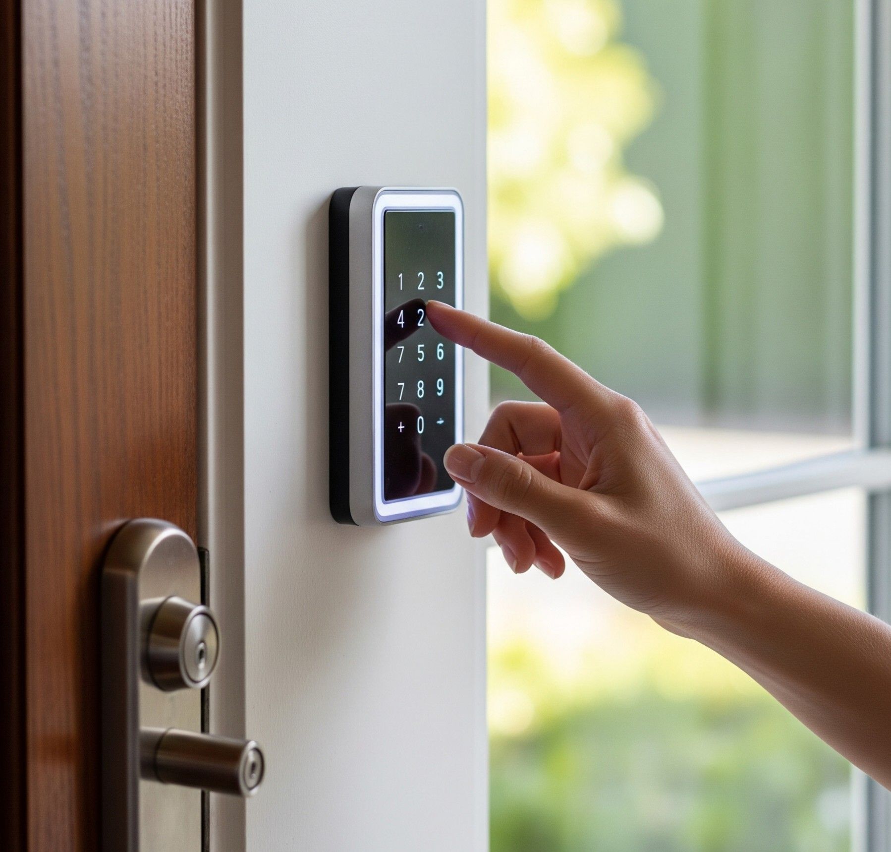A person is pressing a button on a keypad on a door.