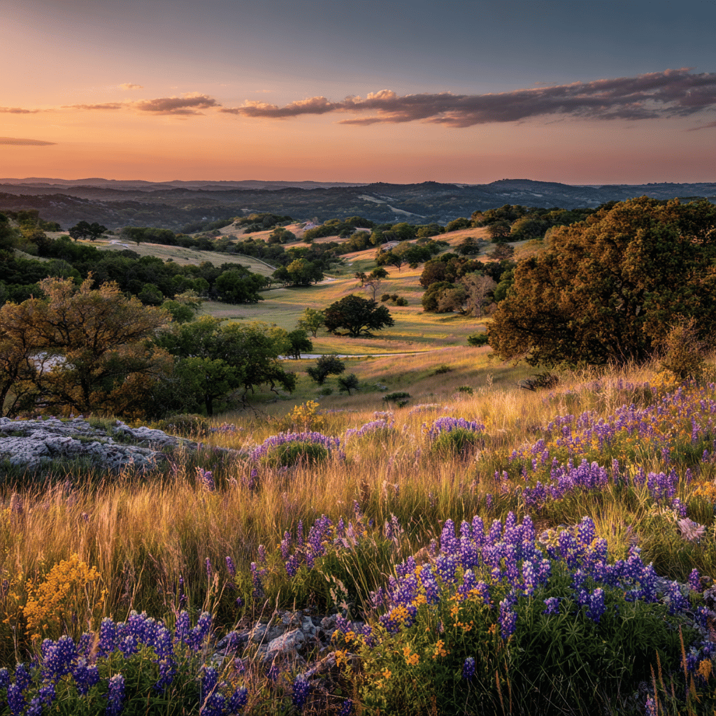 A field of purple flowers with a sunset in the background