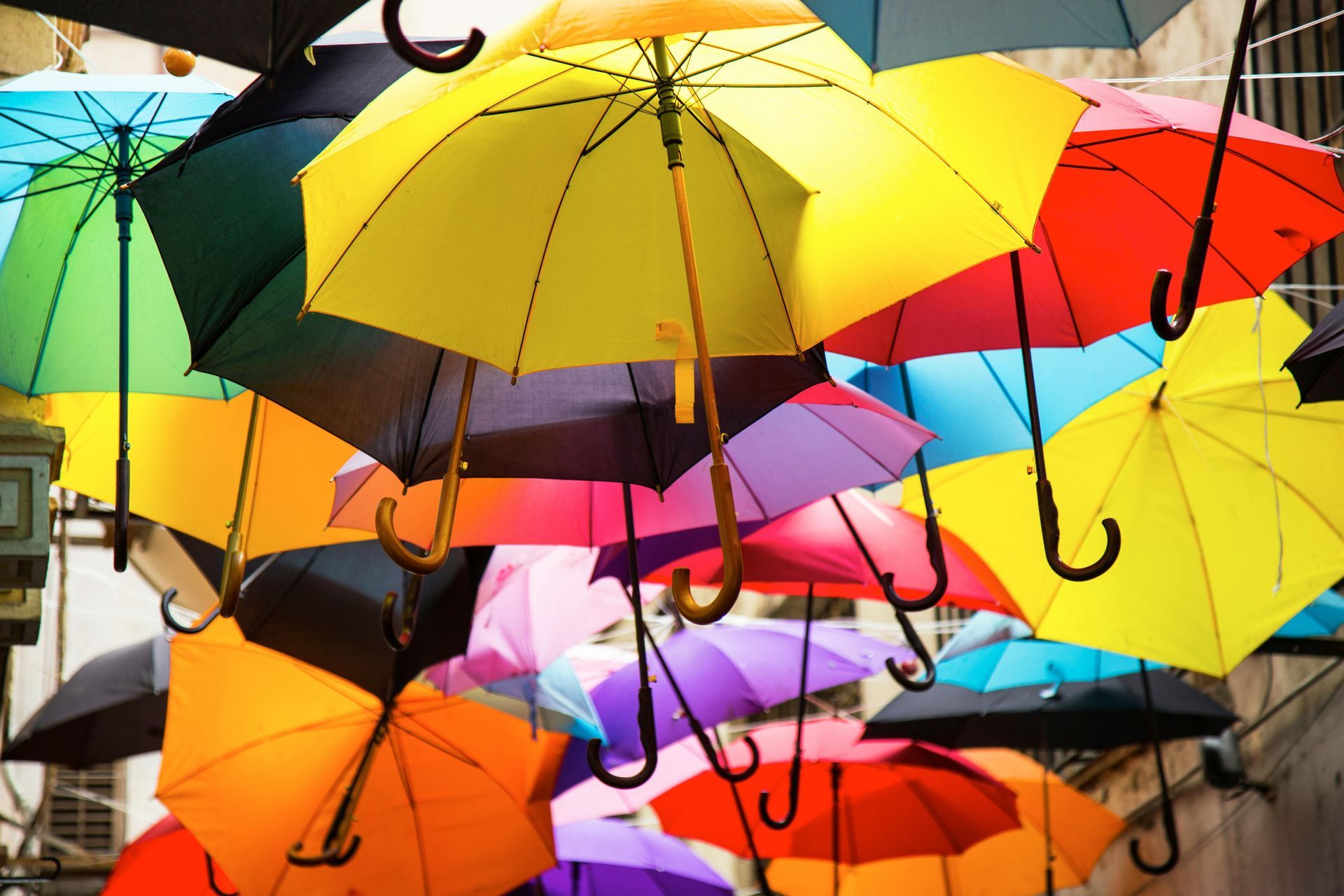 Colorful umbrellas suspended overhead, creating a vibrant, sunny street scene.