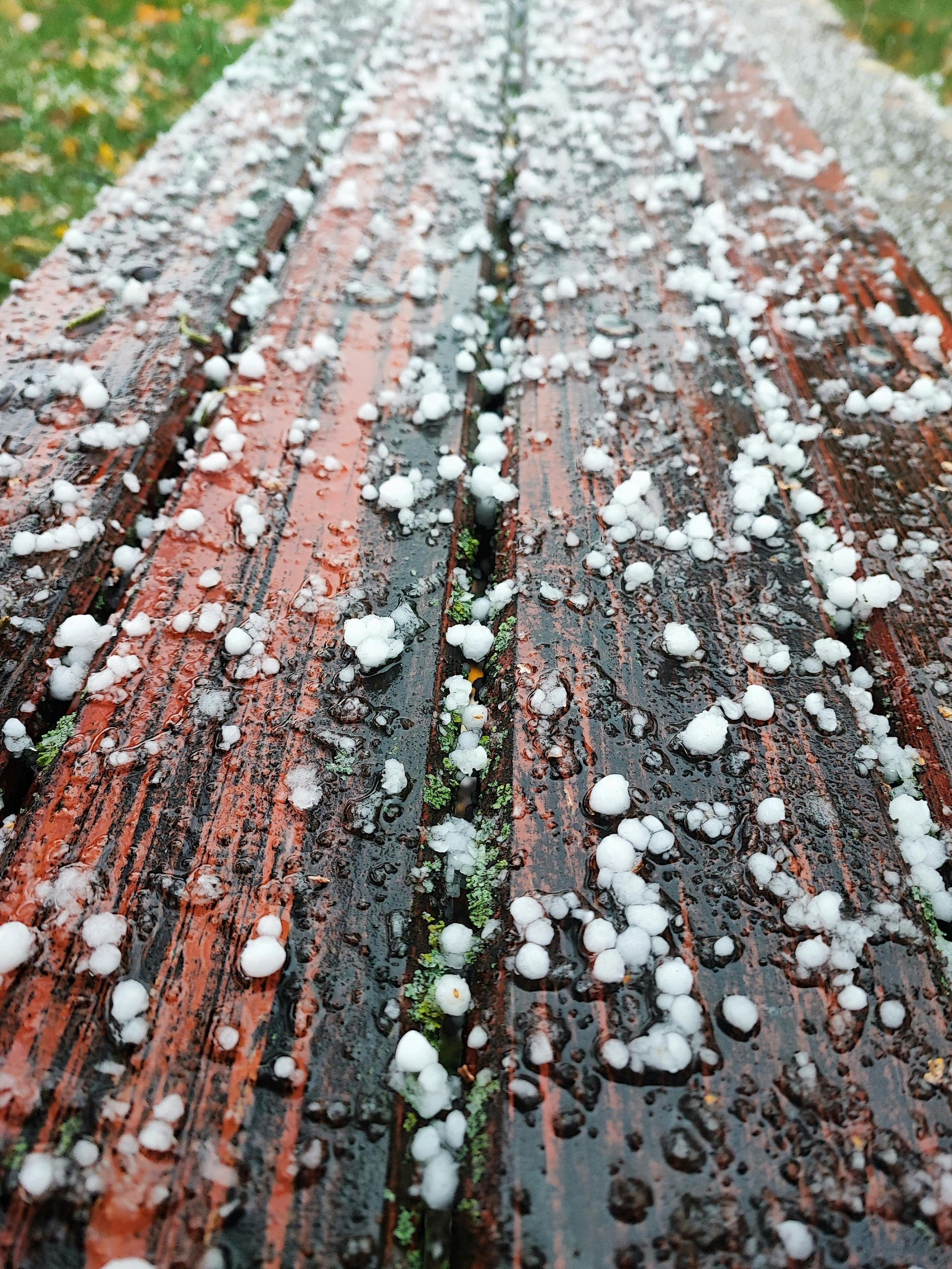Small white hail pellets scattered across the damp, brown wooden slats of a park bench.
