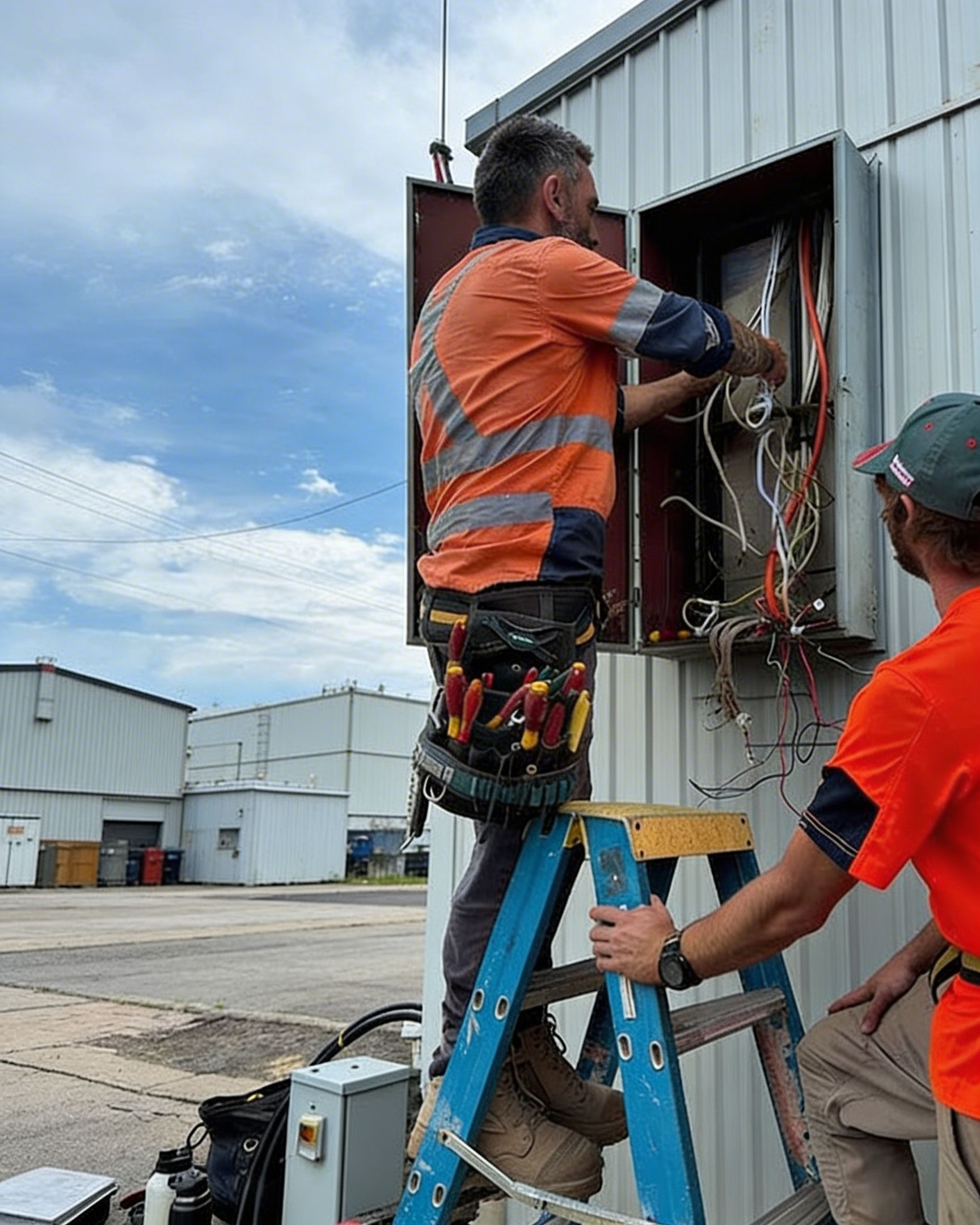 Two workers in high-visibility orange shirts work on electrical wiring in an outdoor wall panel while standing on a ladder.