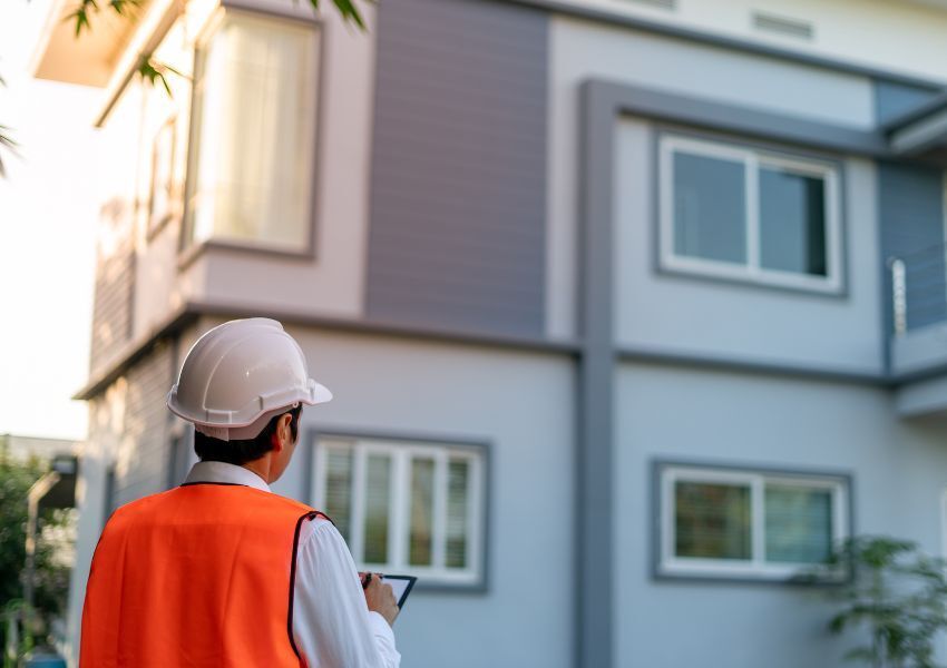 A contractor with a white hard hat and orange vest examines an HOA property’s exterior as they check off items on their clipboard.