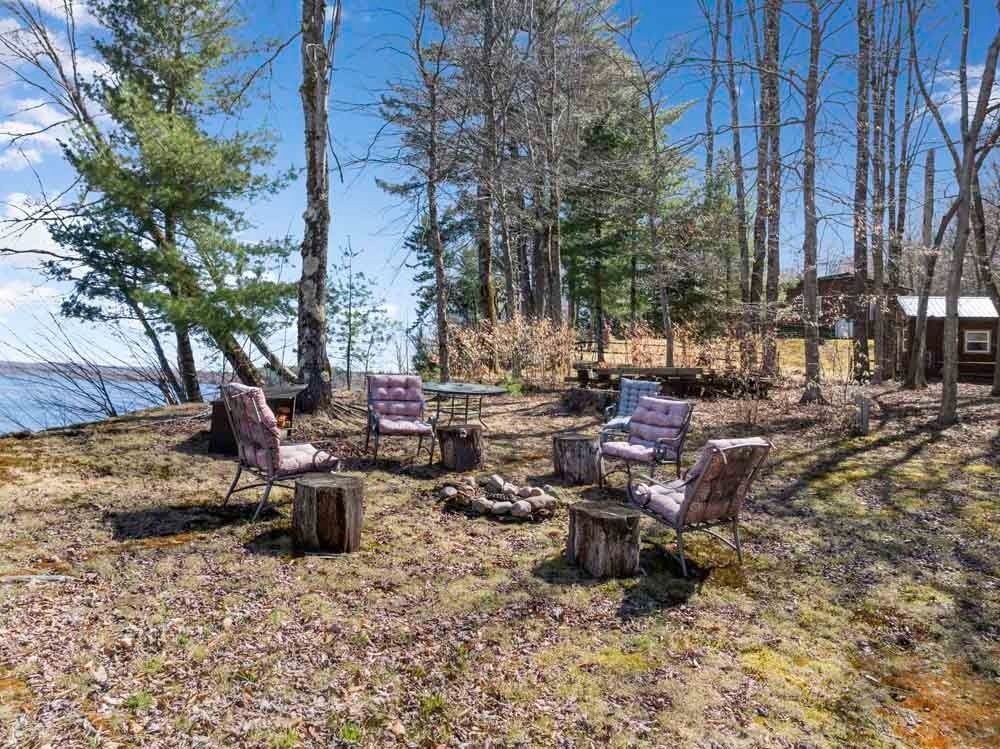 There is a fire pit in the middle of the woods.