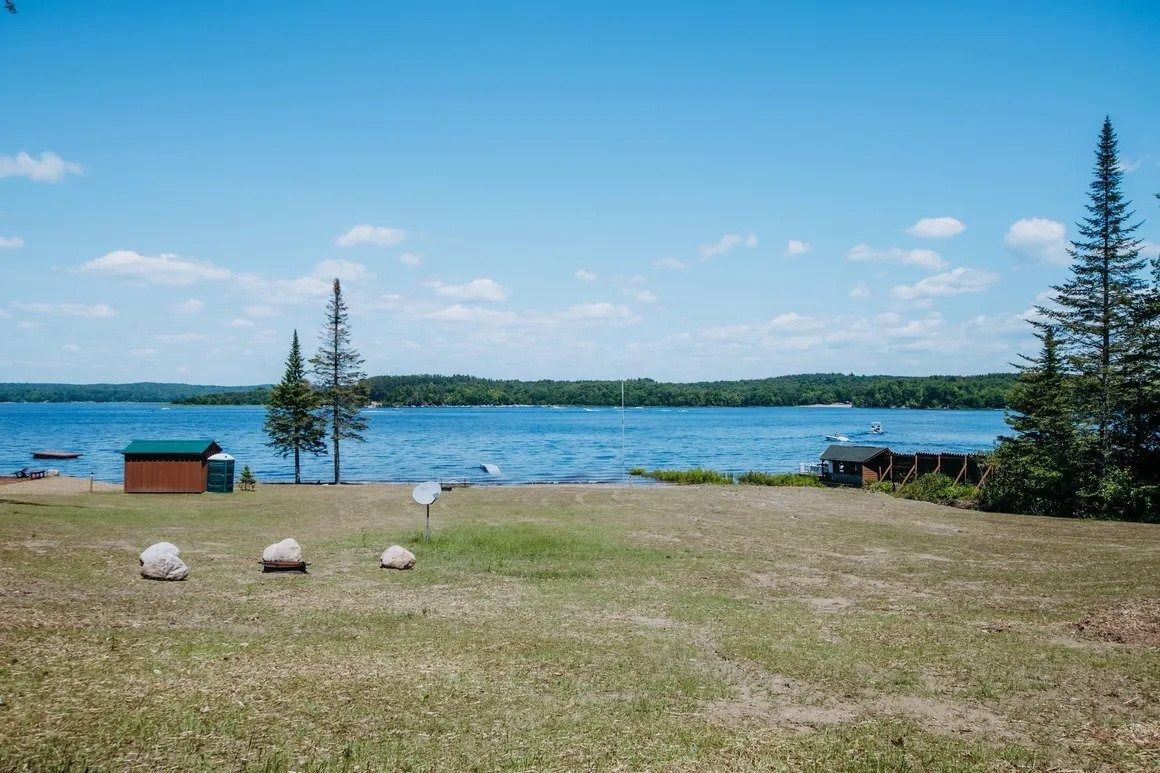 A large body of water is surrounded by trees and grass on a sunny day.