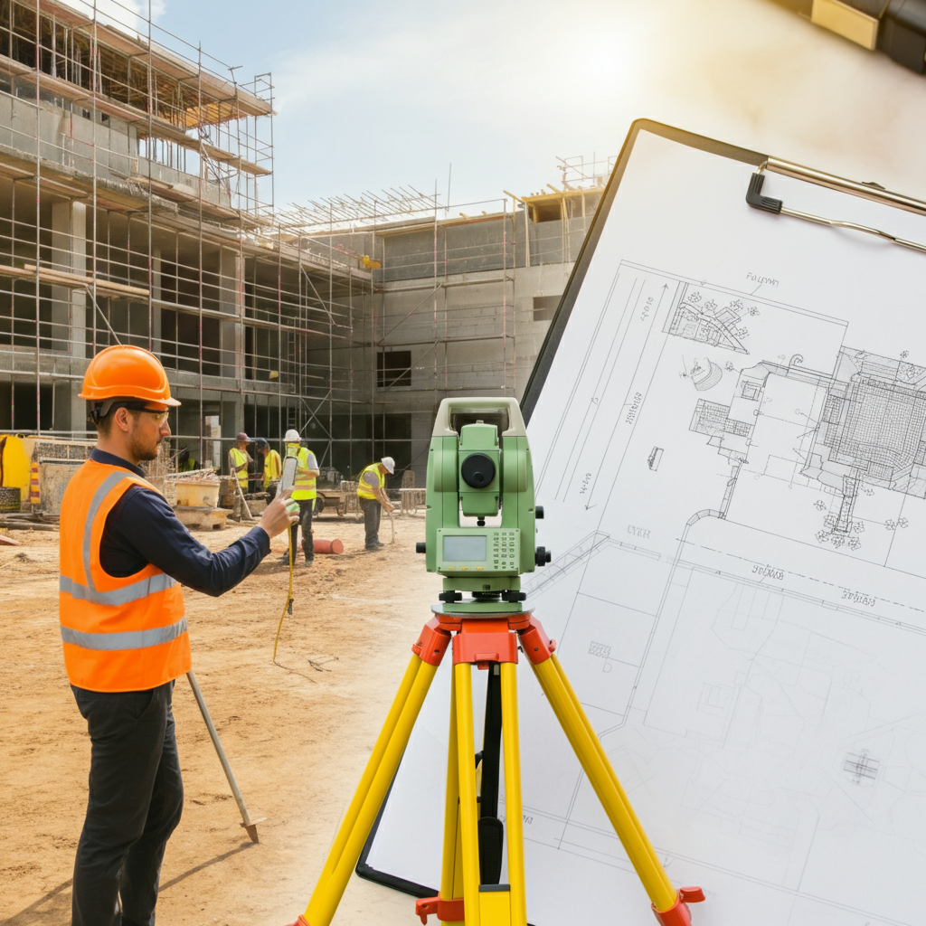 A construction worker is using a total station on a tripod at a construction site.