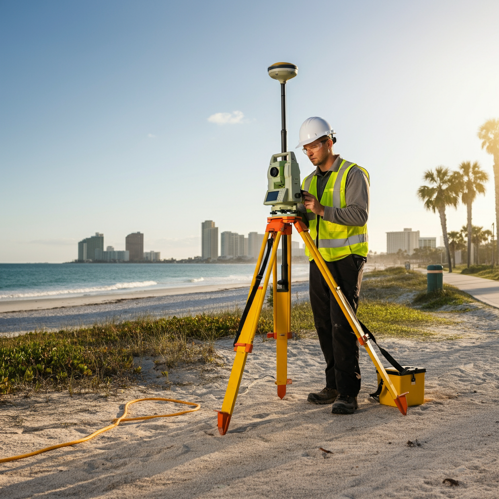 A man is standing on a beach using a total station.