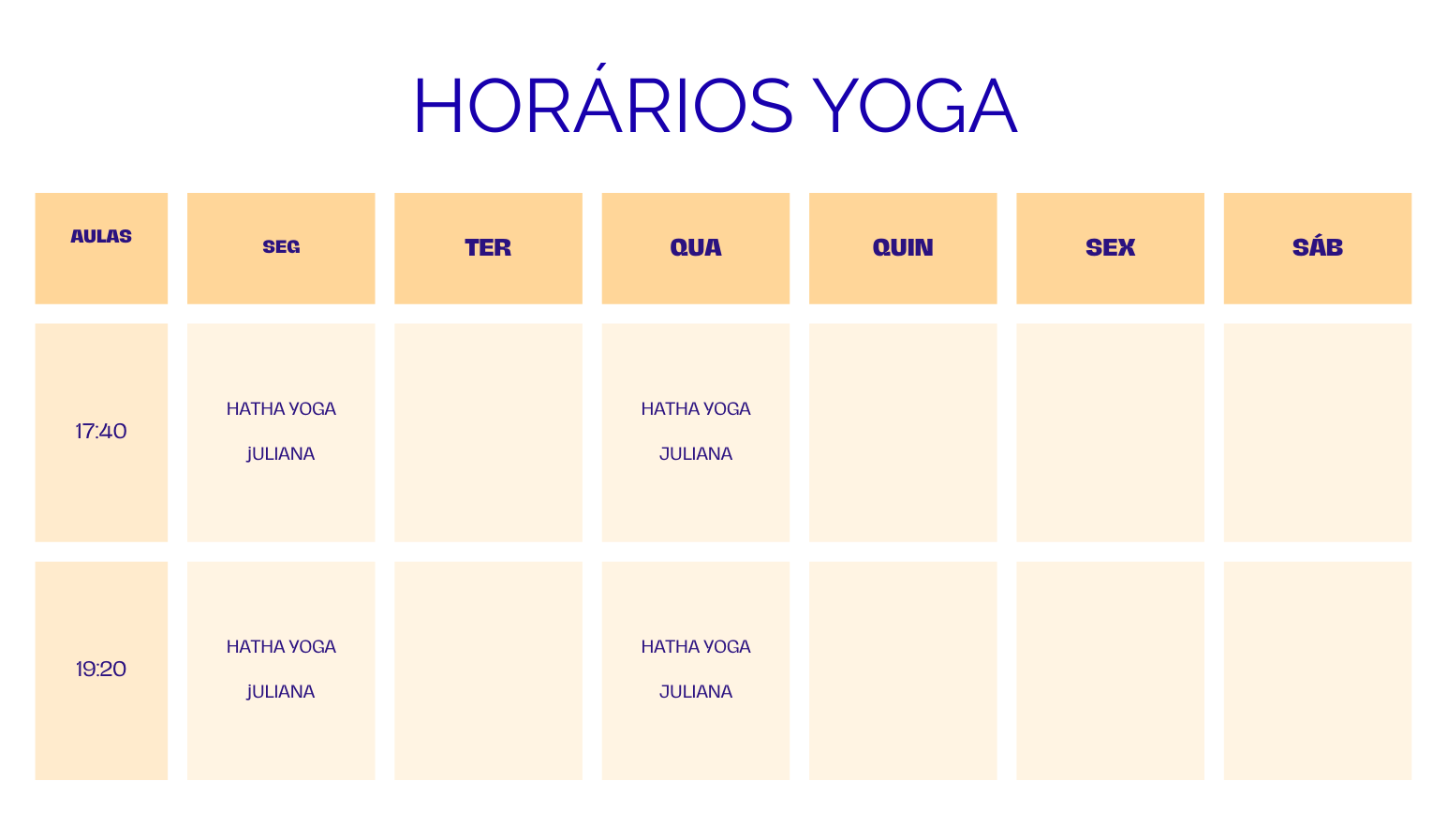 Tabela com a programação de ioga, com os dias da semana como cabeçalhos das colunas e os horários nas linhas.