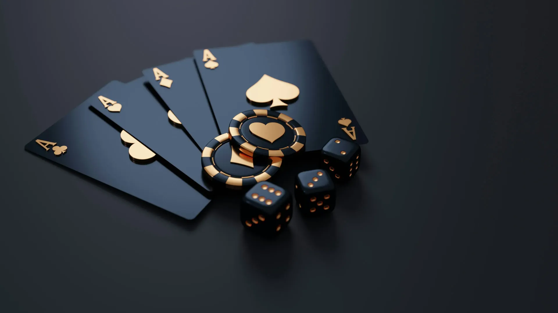 Black poker cards, chips, and dice on a dark surface, golden accents.