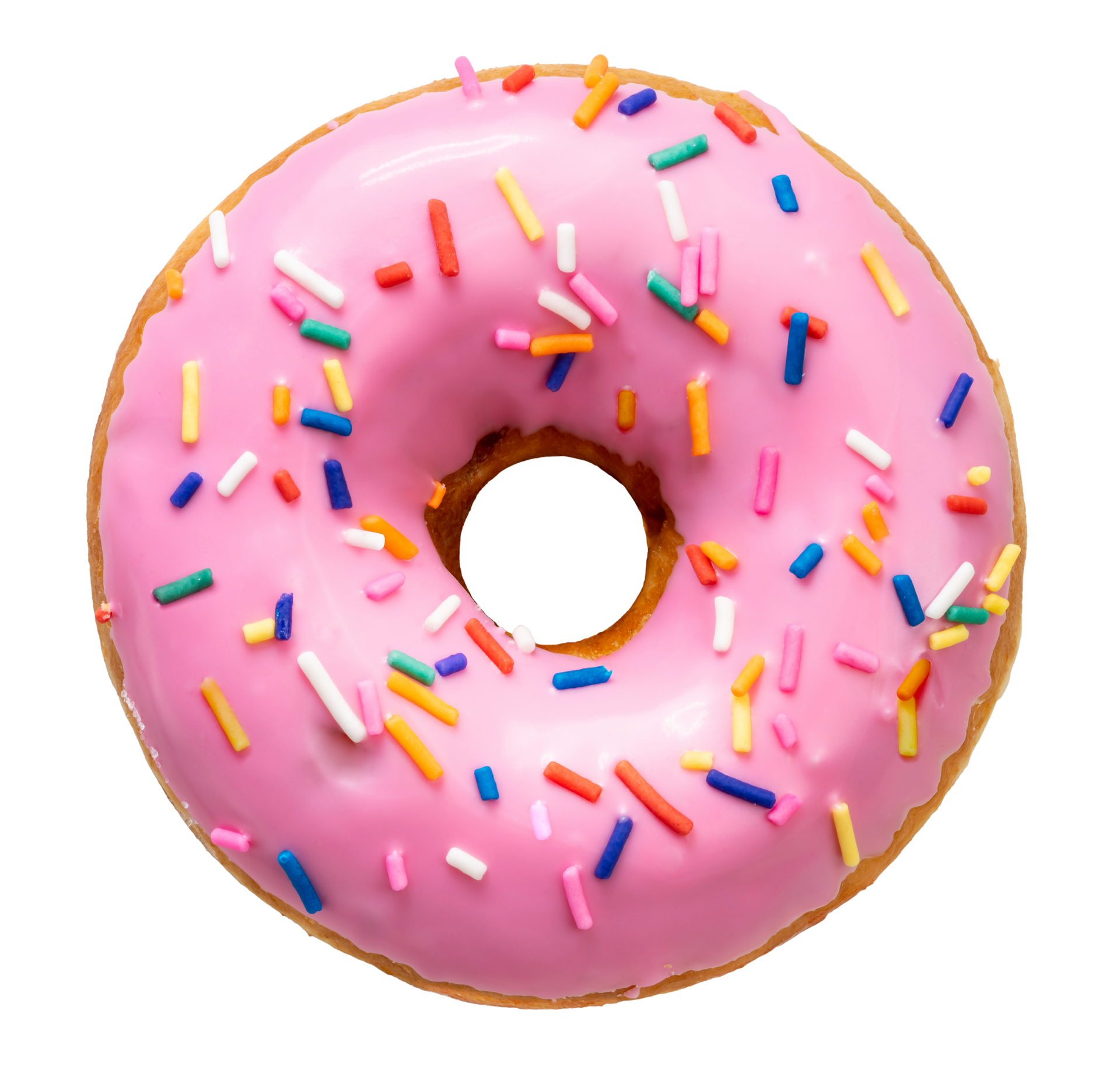 Pink frosted donut with colorful sprinkles.