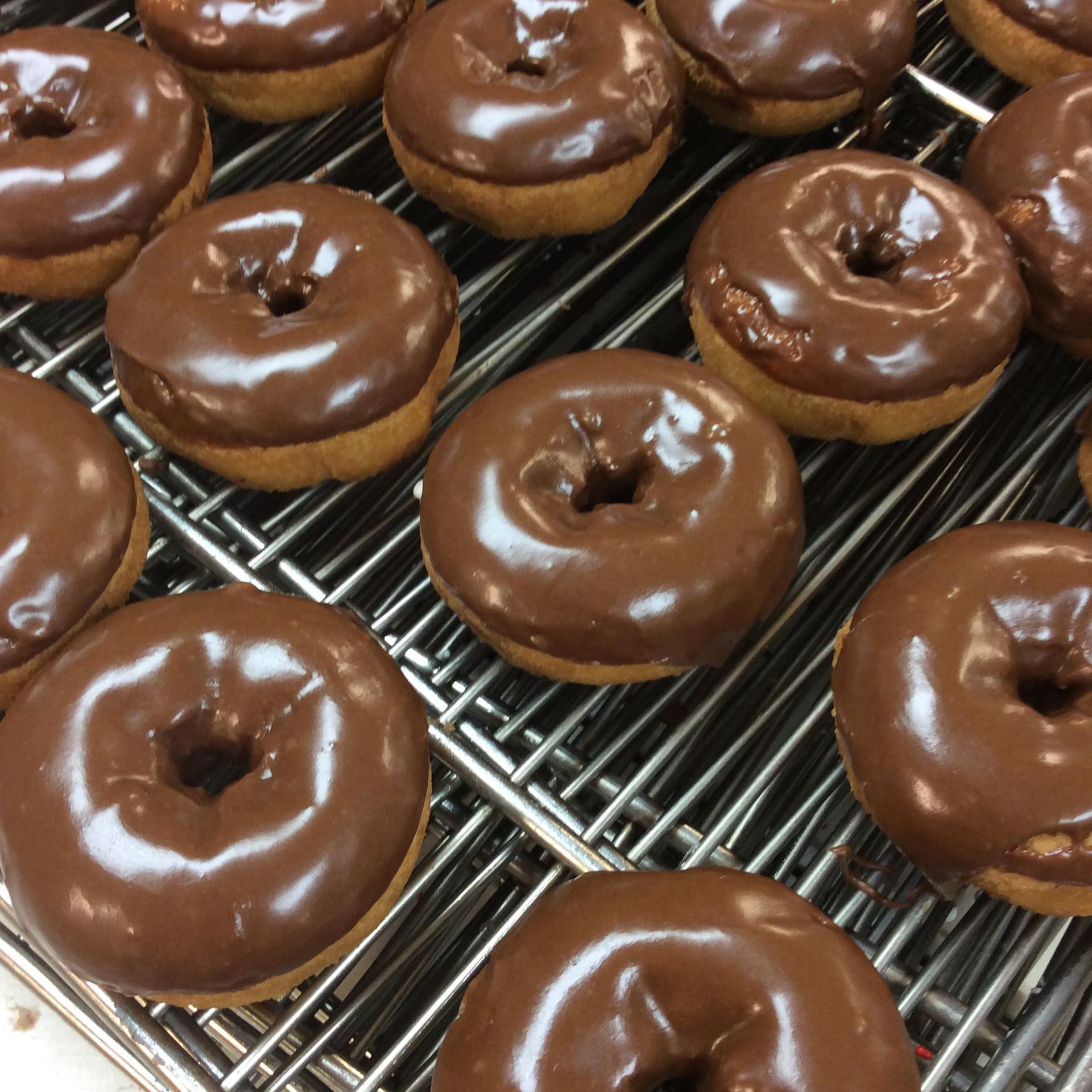 Chocolate glazed donuts on a metal cooling rack.