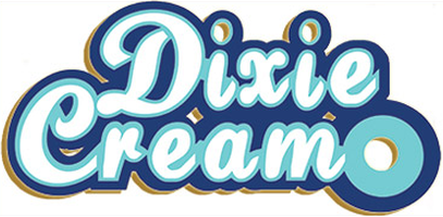 Dixie Cream logo in white script with blue and gold outlines.