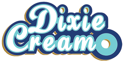 Dixie Cream logo with a stylized donut design, white text on dark blue, and light blue accents.