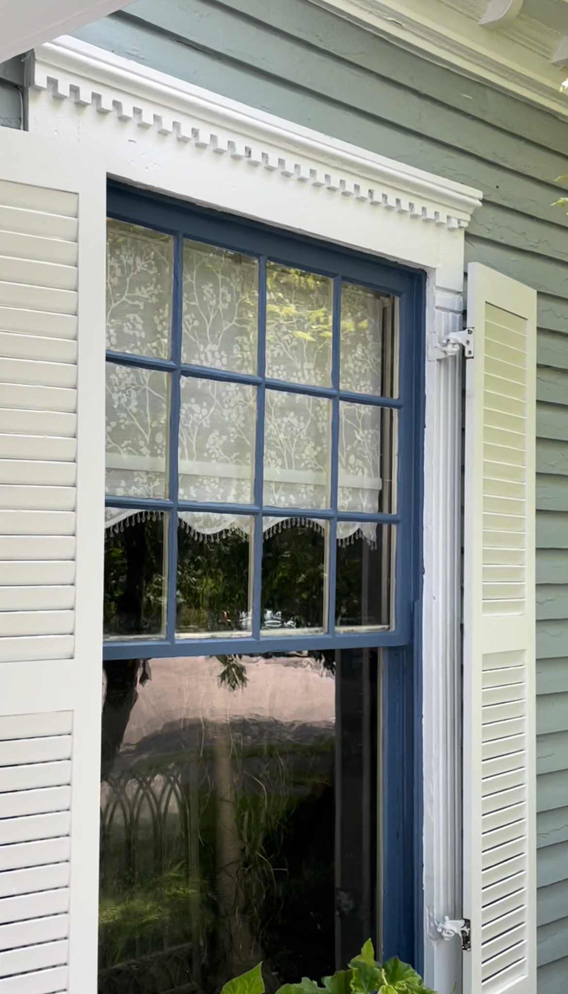 Blue-framed window with white shutters and ornate trim on a pale blue clapboard house.