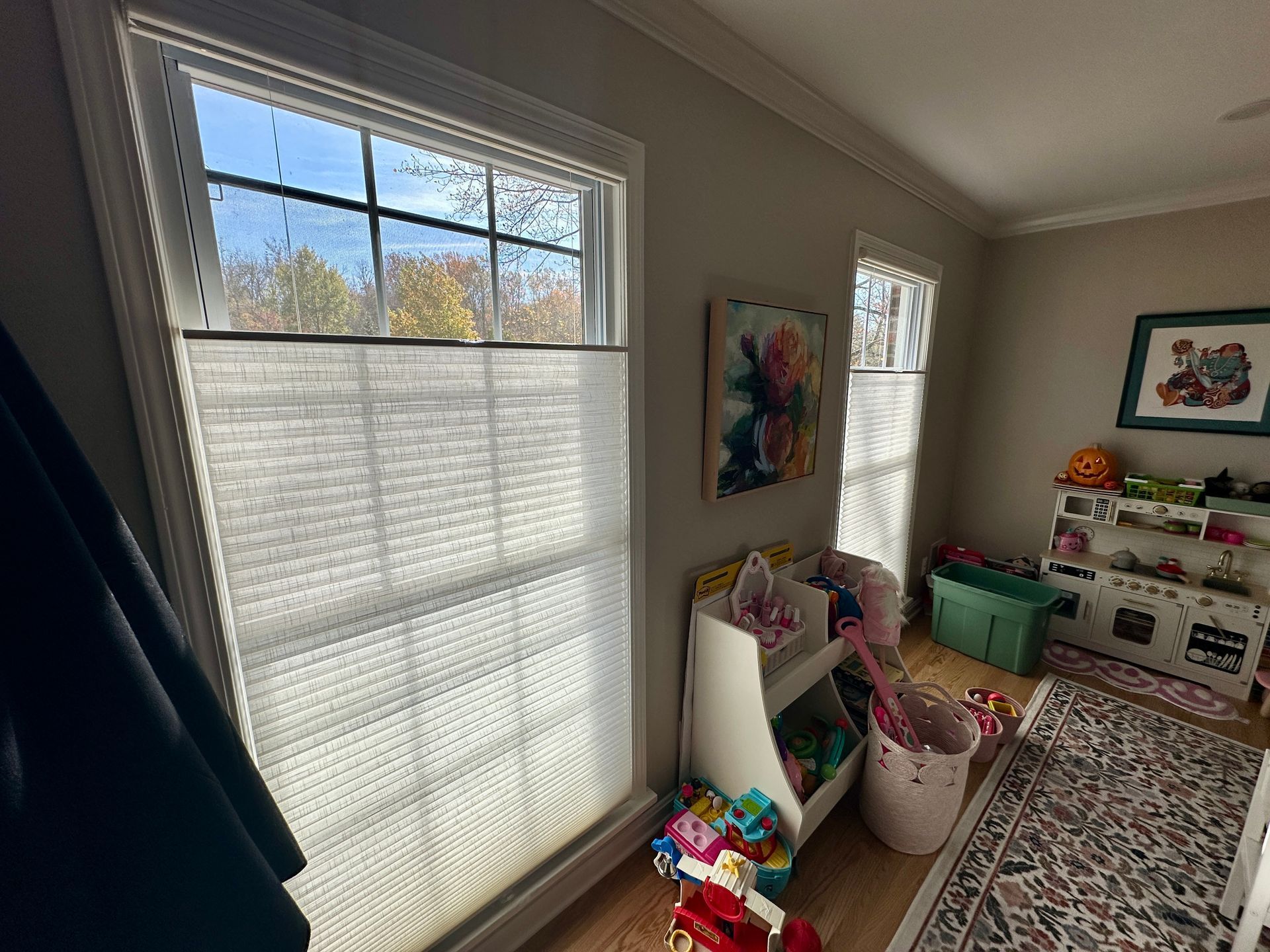 two windows in a playroom with top down bottom up cellular honeycomb shades 
