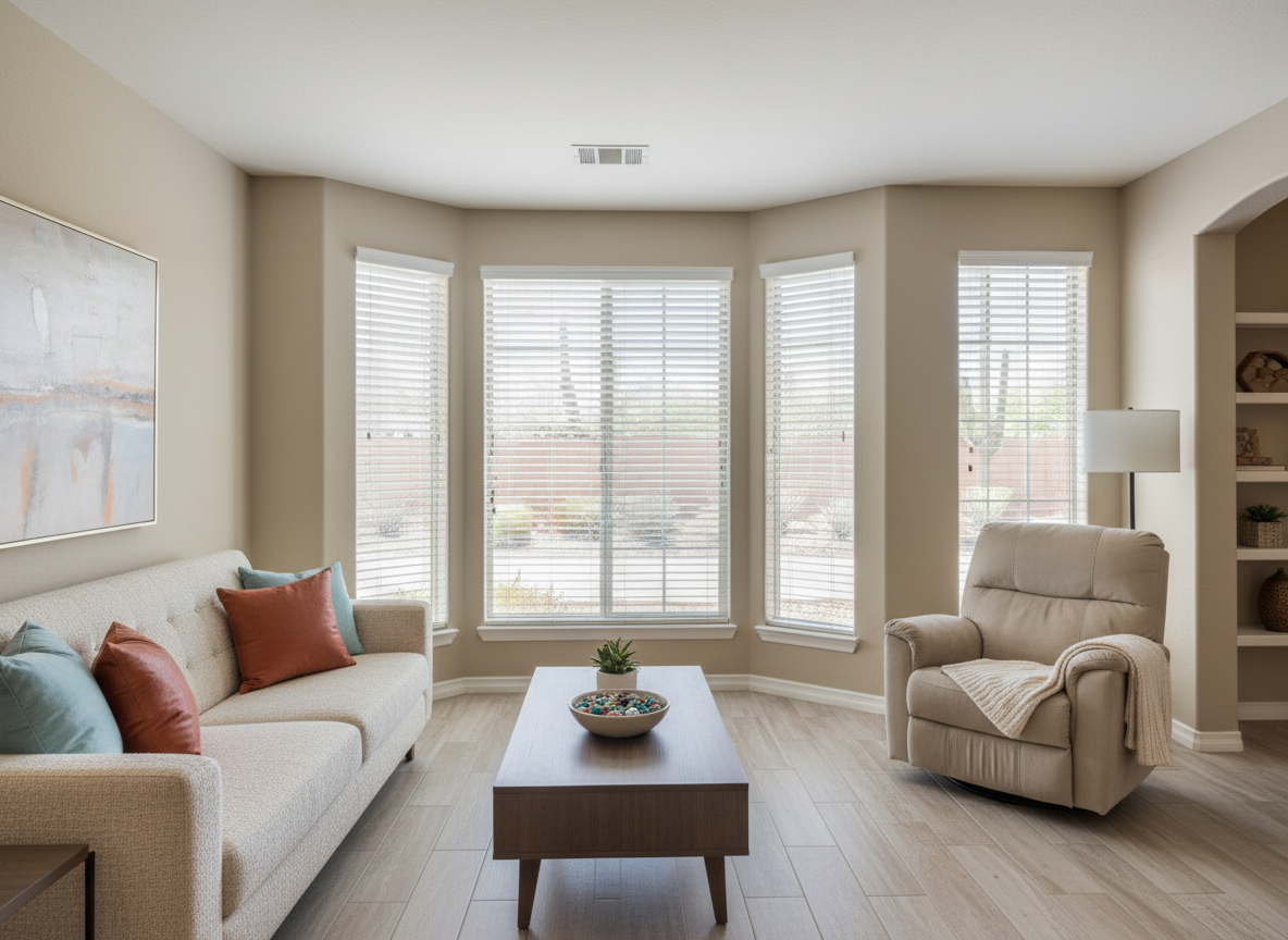 A spacious Louisville living room with large windows has wood blinds to allow in light 