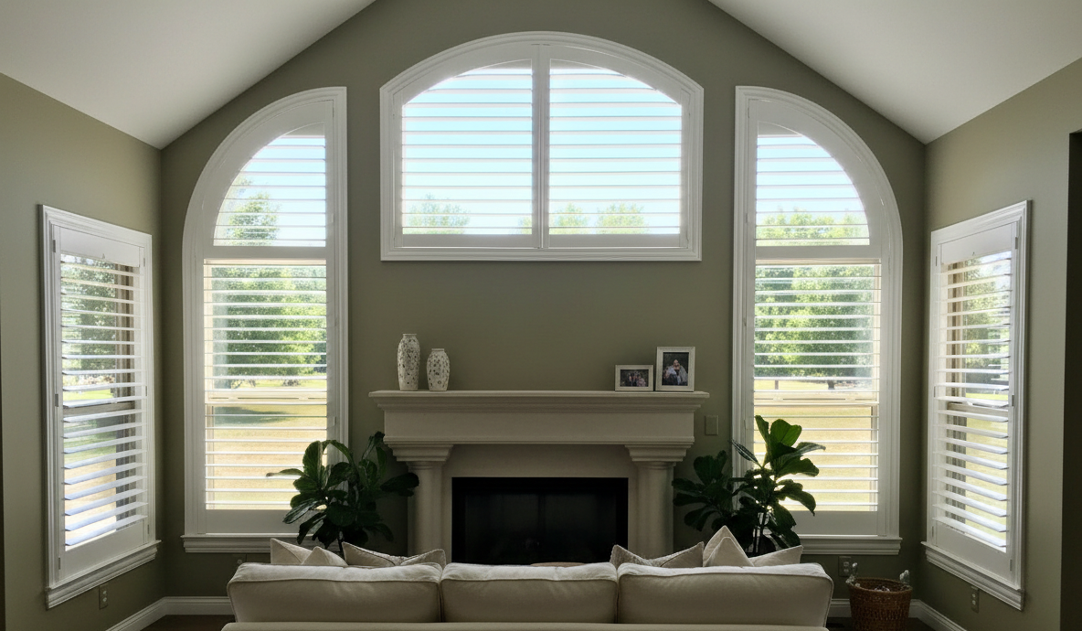 A living room with unique windows has interior shutters to regulate natural
light - Window Fashions on Wheels.