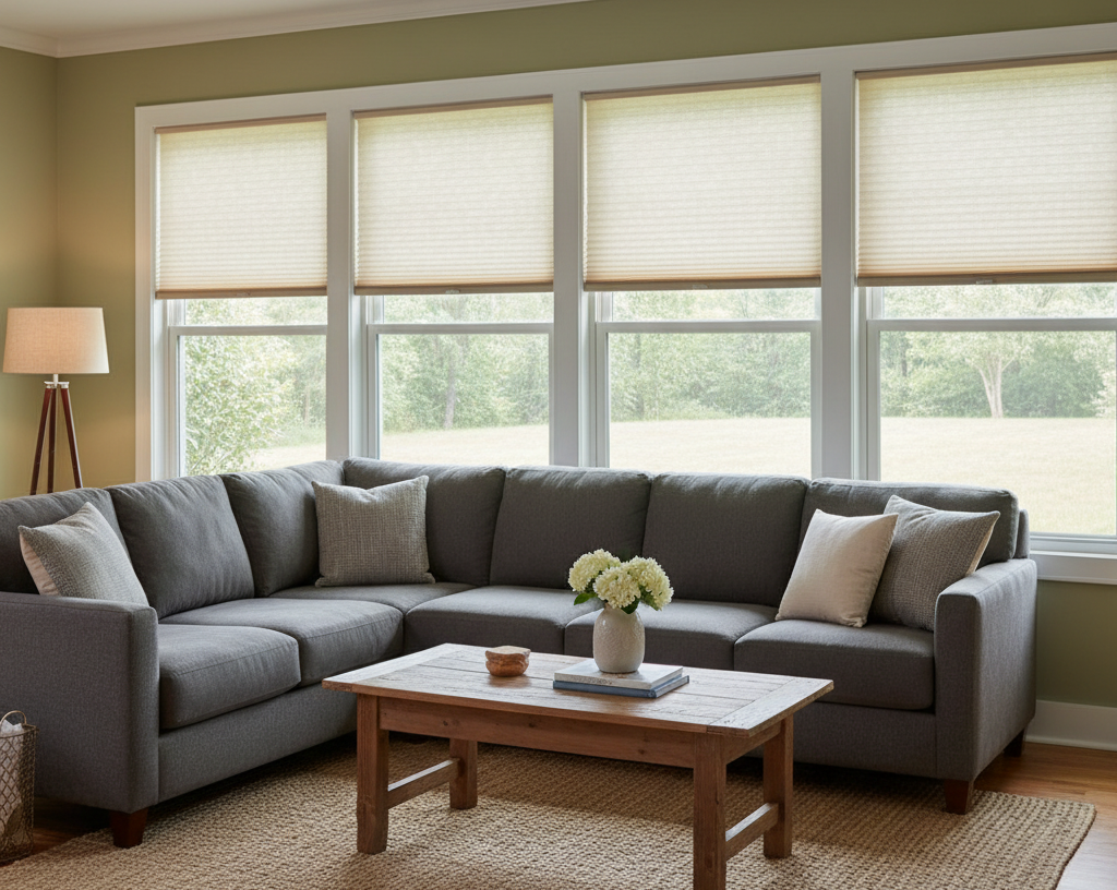 Honeycomb shades make a cozy living room even cozier - Window Fashions on Wheels.