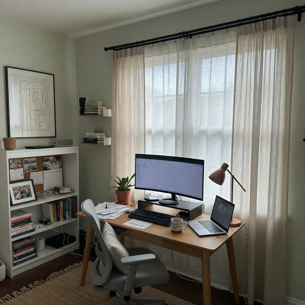 Bright home office with wooden desk, computer, lamp, chair, bookshelves, and sheer curtains.