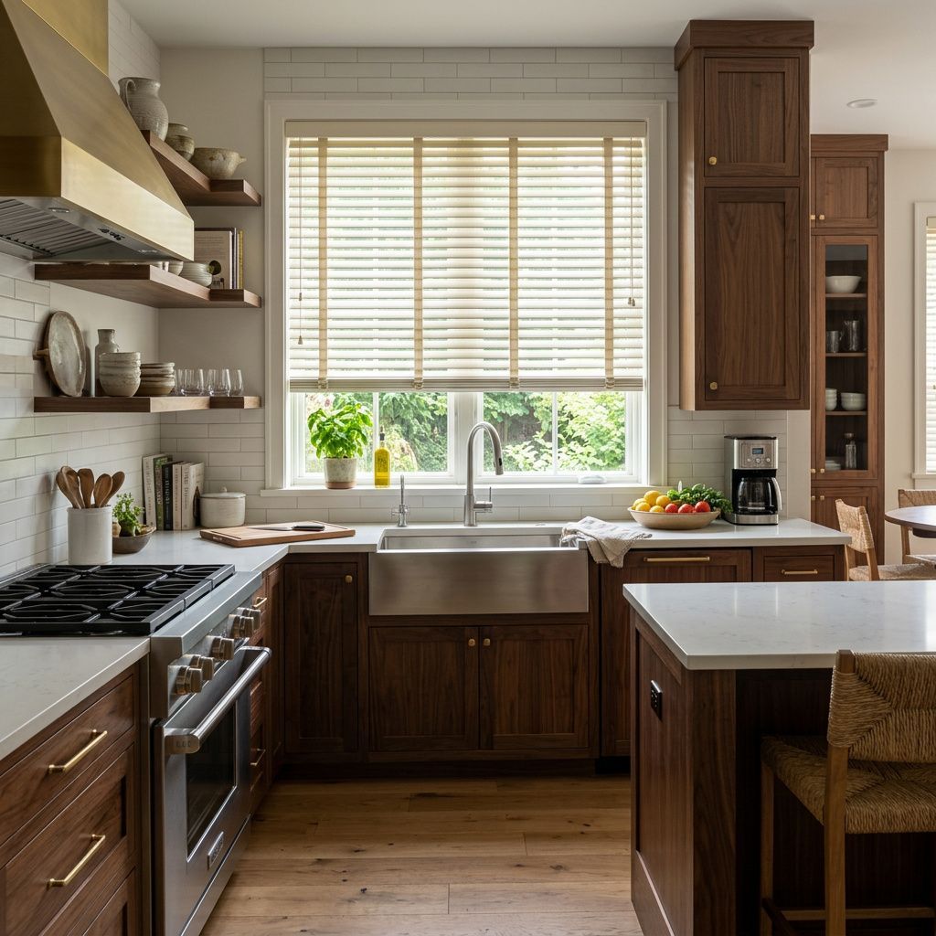 Bright kitchen with wooden cabinets, farmhouse sink, window blinds, and a central island with stools