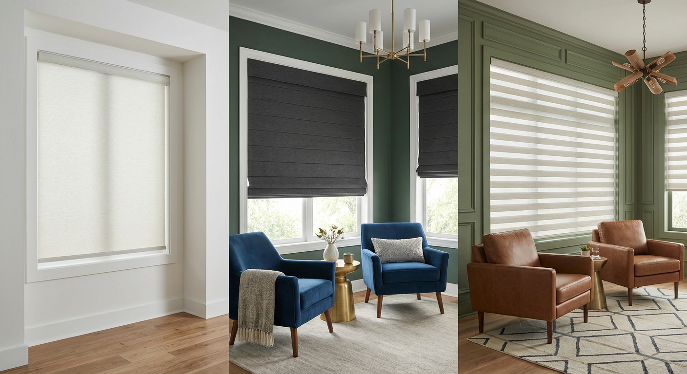 Various motorized shade styles displayed in a Louisville home by Window Fashions on Wheels.