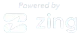 A white logo that says `` powered by zing '' on a white background.