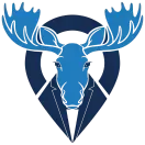 A blue moose head wearing a suit jacket, centered over a dark blue map location pin icon on a white background.