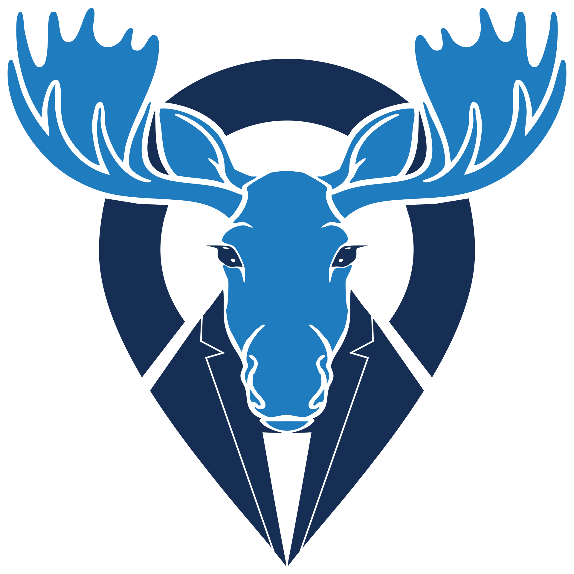 A blue moose head wearing a suit jacket, centered over a dark blue map location pin icon on a white background.