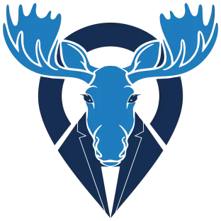A blue moose head wearing a suit jacket, centered over a dark blue map location pin icon on a white background.