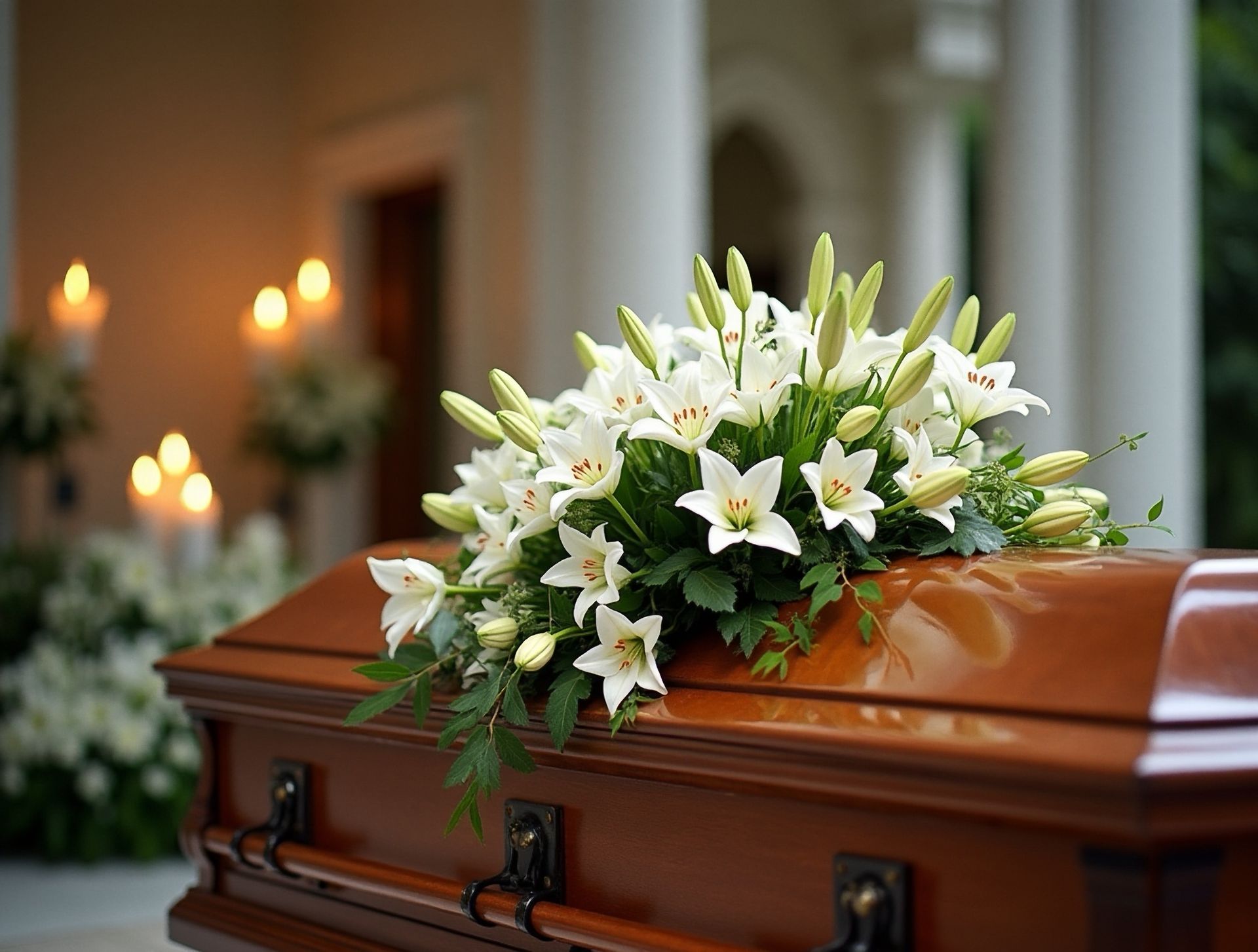 Inside of a hearse, a casket with white flowers rests on a dark floor; background shows a street.