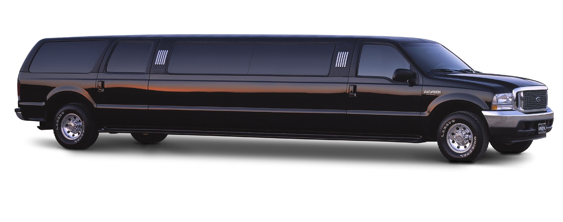 A black limousine is parked on a white background