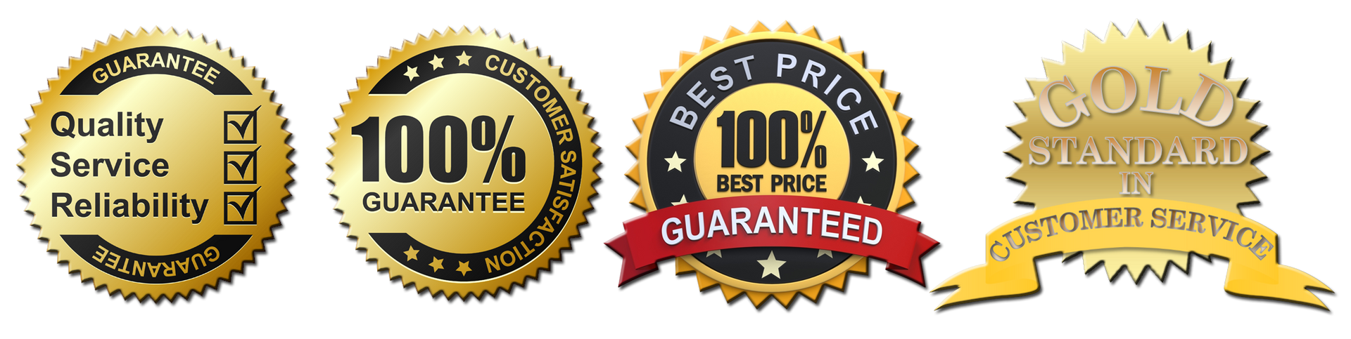 A set of gold badges that say quality service reliability and best price