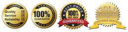 A set of gold badges that say quality service reliability and best price