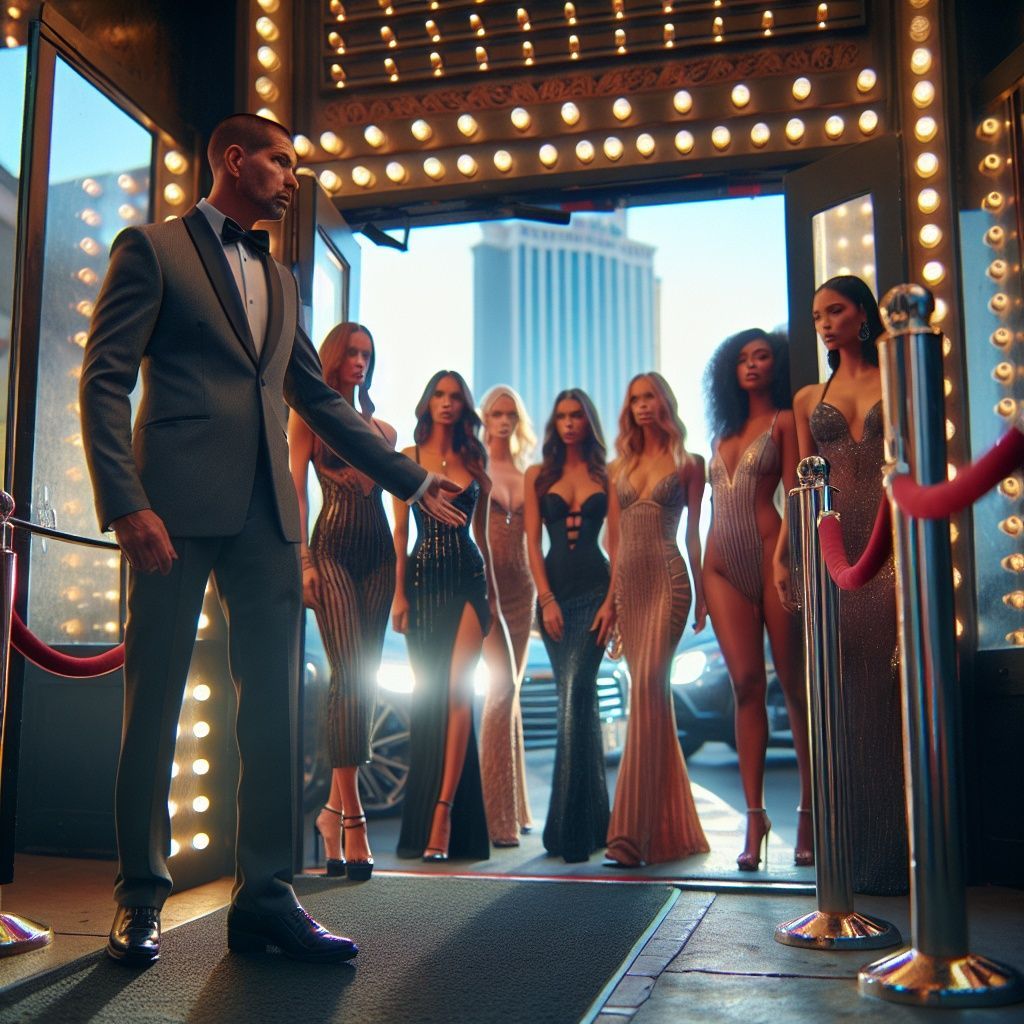 A man in a tuxedo is standing in front of a group of women in dresses