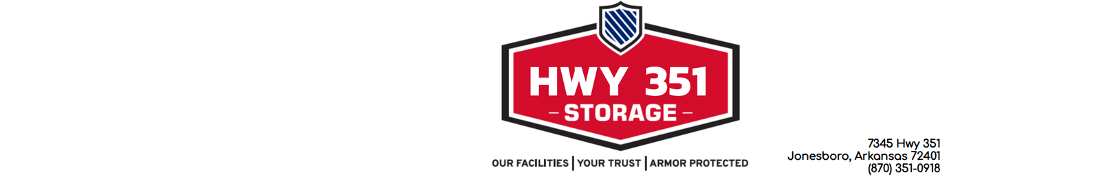 Logo for HWY 351 Storage featuring a red shield, white text, and contact information for the Abilene, Texas facility.