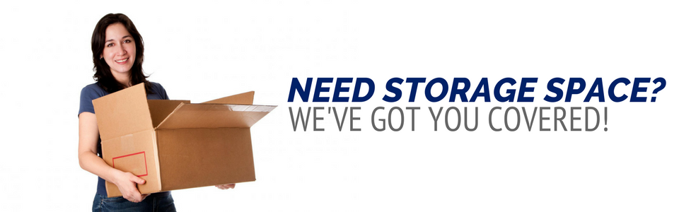 A person holding an open cardboard box with the text: NEED STORAGE SPACE? WE'VE GOT YOU COVERED!