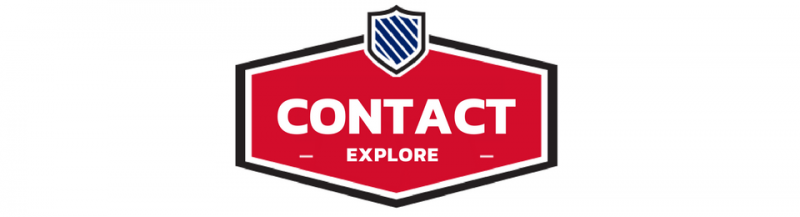 A red, shield-shaped logo featuring the word